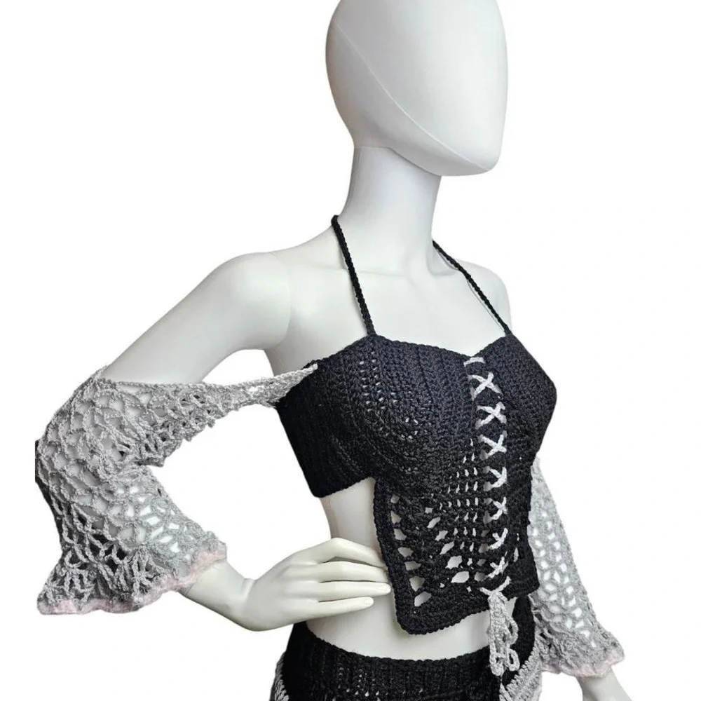 Handmade Crochet Corset Top with‎ Flared Sleeves – Black & Grey Coquette Style